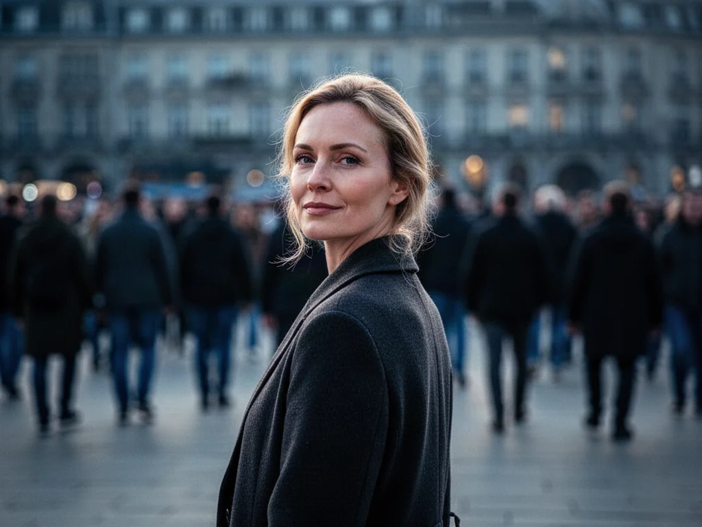 Pewna siebie kobieta stoi spokojnie w tłumie, symbolizując zachowanie niezależności wobec presji społecznej.